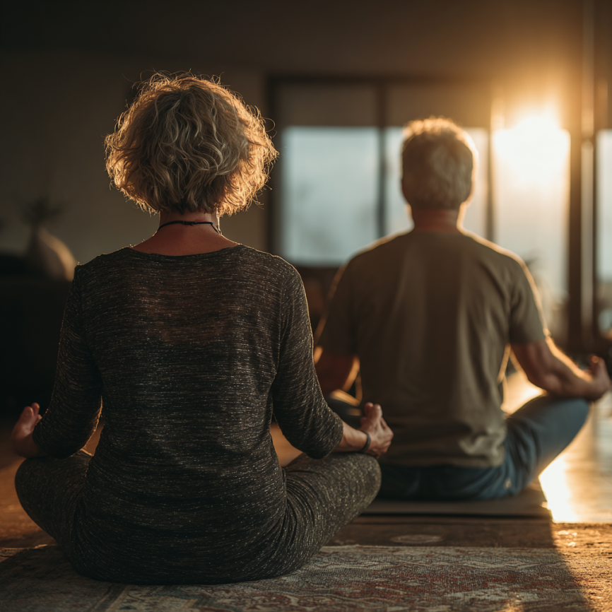 Група літніх людей займається йогою в затишному залі