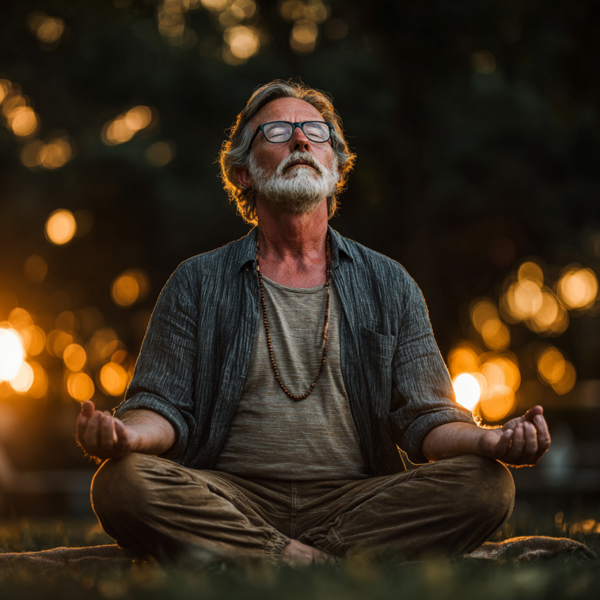 Літня жінка в стані глибокої медитації на природі